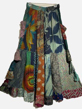 Nwt FUNKY STUFF patch boho hippie rayon pocket ruffle flared PANTS M/L